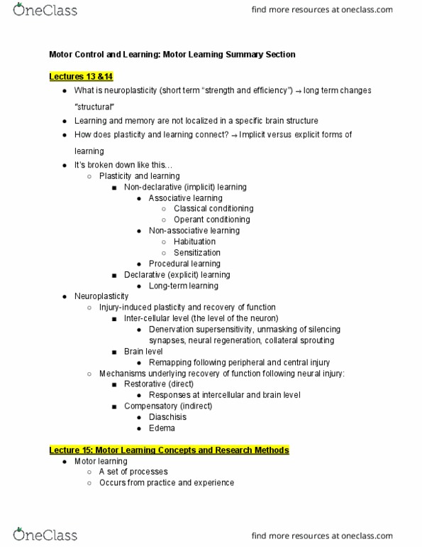 ENS 307 Lecture Notes - Lecture 21: Neuroregeneration, Motor Learning, Neuroplasticity thumbnail