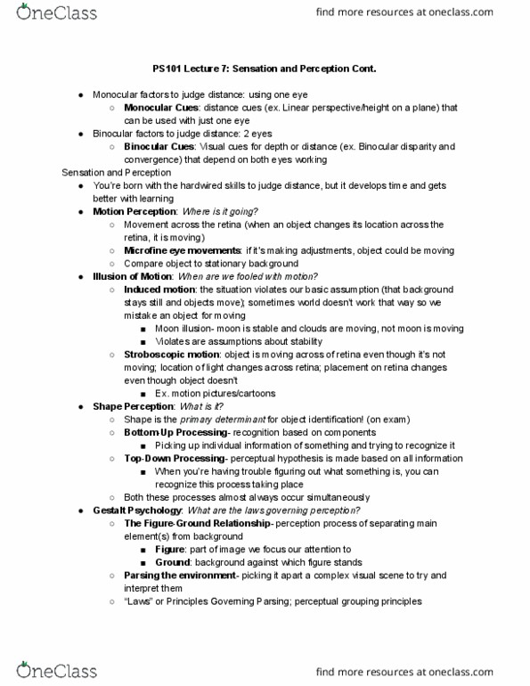 CAS PS 101 Lecture Notes - Lecture 7: Binocular Disparity, Moon Illusion, Motion Perception thumbnail