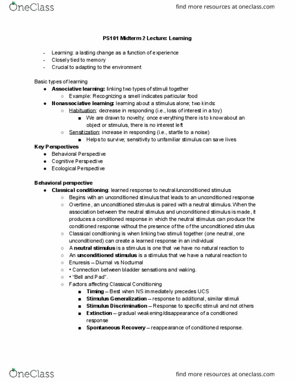 CAS PS 101 Lecture Notes - Lecture 9: Enuresis, Classical Conditioning, Learning thumbnail