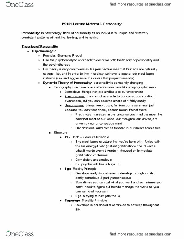 CAS PS 101 Lecture Notes - Lecture 11: Unconscious Mind, Preconscious, Psychopathy thumbnail