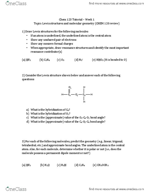 CHEM123 Lecture Notes - Molecular Geometry, Lewis Structure thumbnail