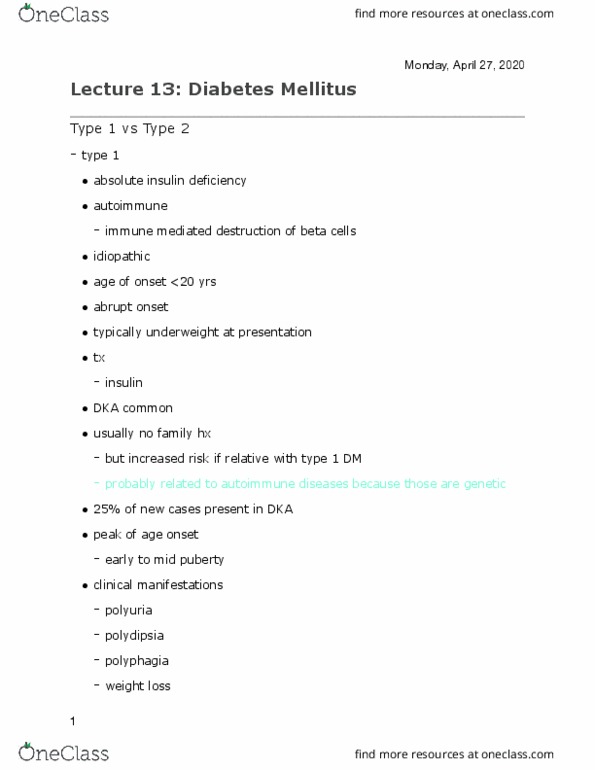 NUR 416 Lecture Notes - Lecture 13: Diabetes Mellitus Type 1, Polyphagia, Diabetes Mellitus Type 2 thumbnail