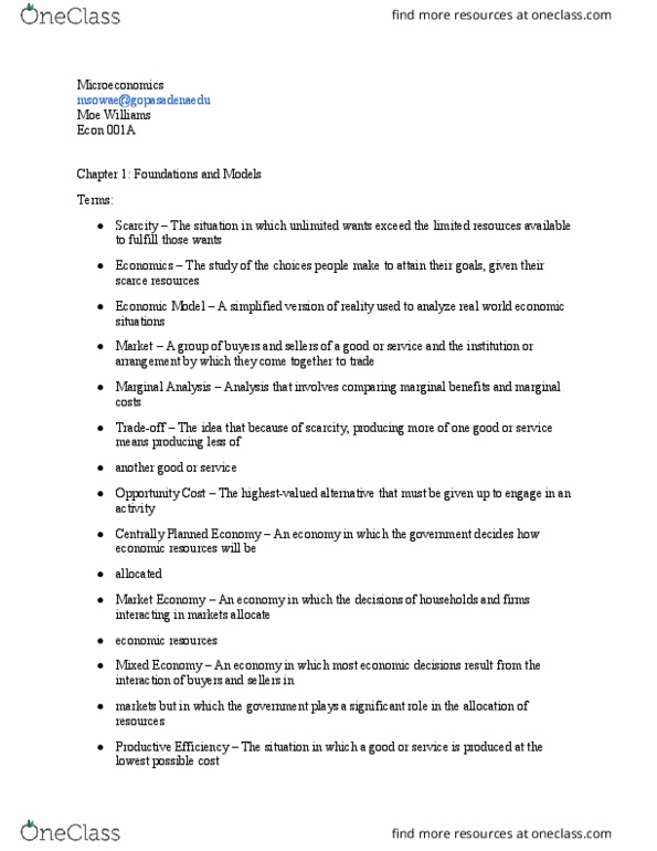 ECON 001A Chapter Notes - Chapter 1: Moe Williams, Marginal Cost, Marginal Utility thumbnail