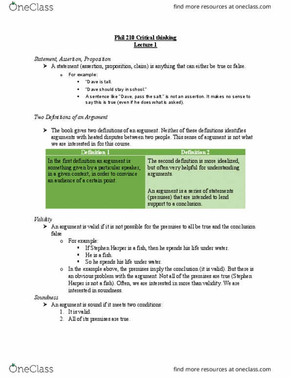 PHIL 210 Lecture Notes - Lecture 1: Critical Thinking, Syllogism, Logical Form thumbnail