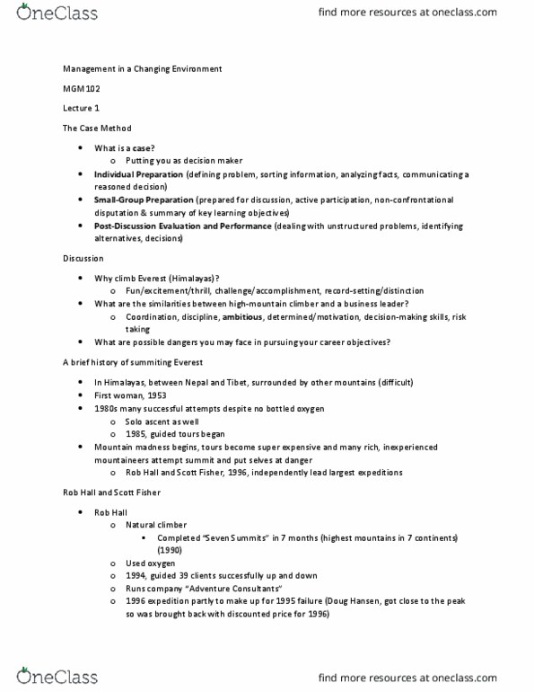 MGM102H5 Lecture Notes - Lecture 1: Seven Summits, Mountain Madness, Adventure Consultants thumbnail