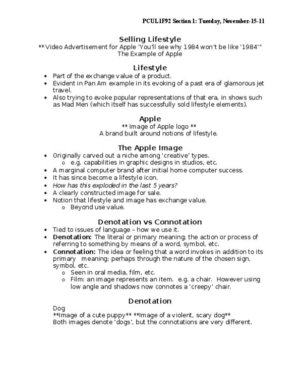 PCUL 1F92 Lecture Notes - Ipod Classic, Connotation, Denotation thumbnail