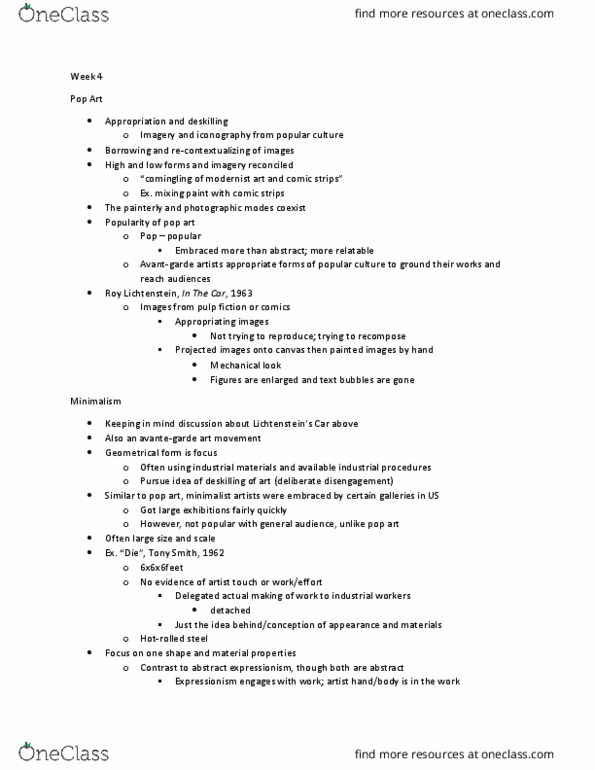 FAH289H5 Lecture Notes - Lecture 4: Roy Lichtenstein, Abstract Expressionism, Pop Art thumbnail