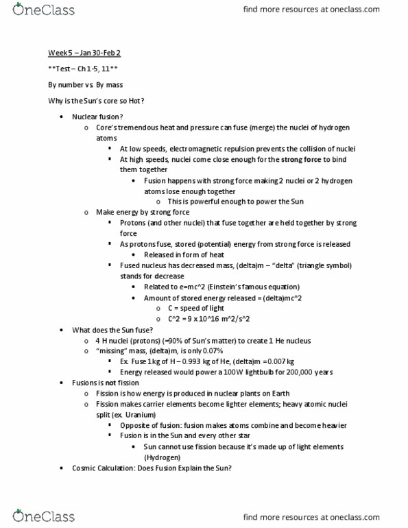 AST201H5 Lecture Notes - Lecture 5: Nuclear Fusion, Fusion Power, Mass Number thumbnail