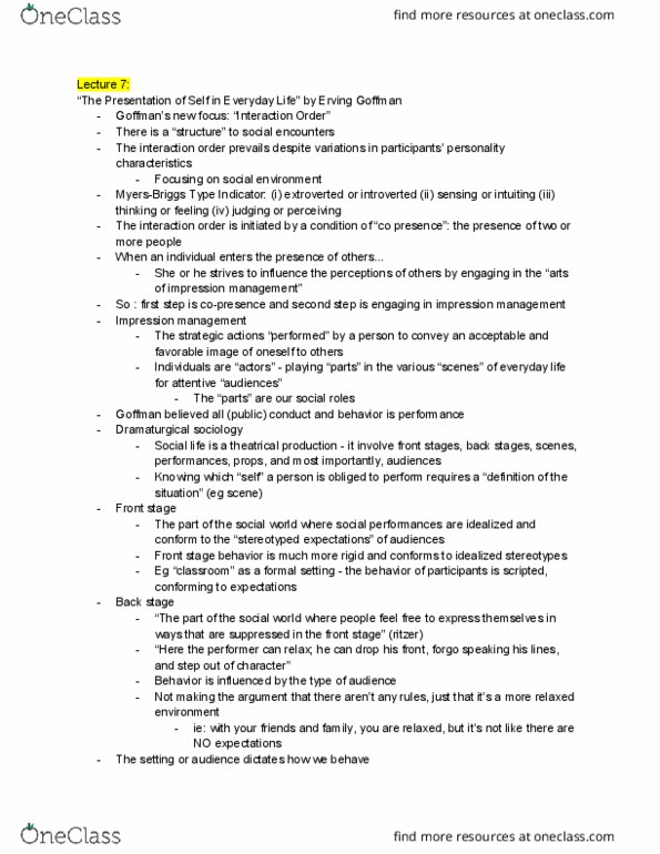 SOCIOL 1 Lecture Notes - Lecture 7: Impression Management, Erving Goffman, No Expectations thumbnail