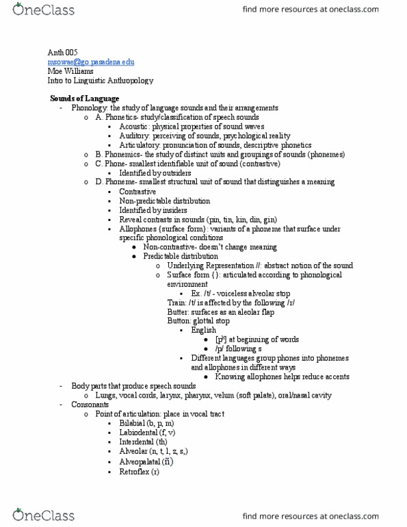 ANTH 005 Lecture Notes - Lecture 9: Voiceless Alveolar Fricative, Moe Williams, Soft Palate thumbnail