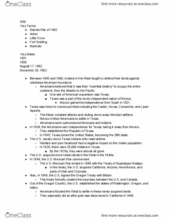 HS 300 Lecture Notes - Lecture 6: Manifest Destiny, Five Civilized Tribes, Show Indians thumbnail