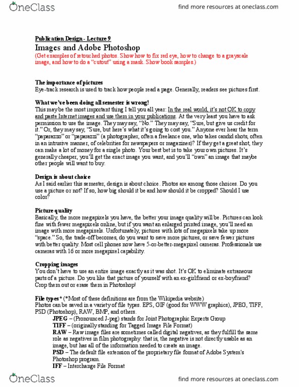 CMM 332 Lecture Notes - Lecture 9: Joint Photographic Experts Group, Image File Formats, Pixel thumbnail