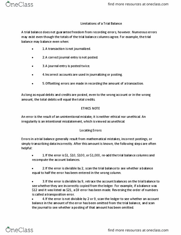 ACCT 121 Lecture Notes - Lecture 2: Trial Balance thumbnail