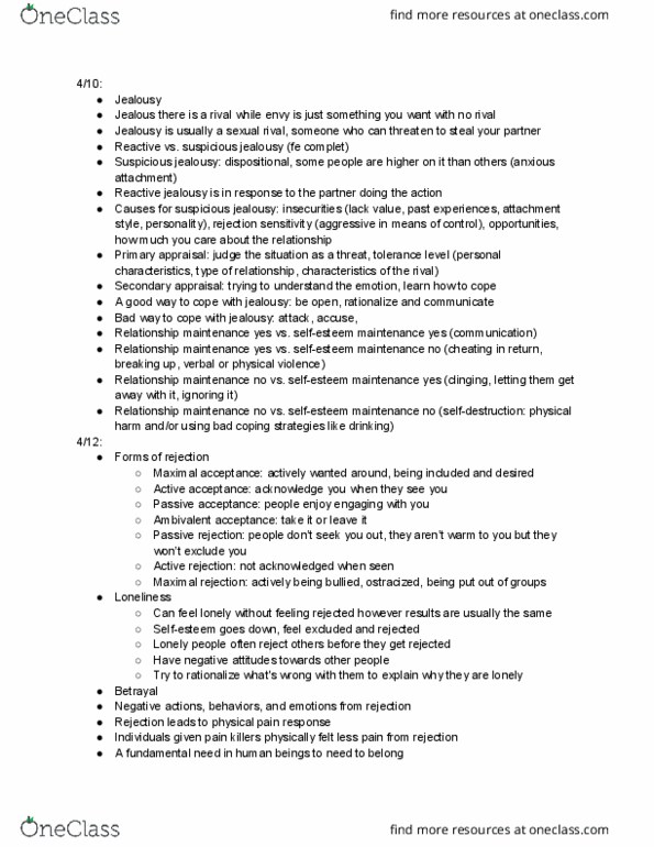 A PSY 450T Lecture Notes - Lecture 11: Social Rejection thumbnail