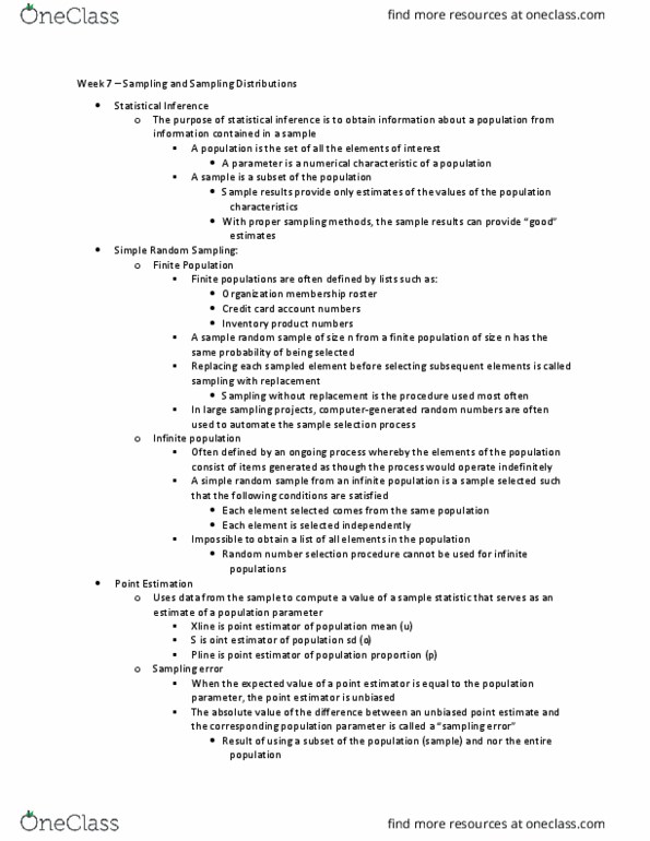 CCT226H5 Lecture Notes - Lecture 7: Simple Random Sample, Point Estimation, Statistical Parameter thumbnail