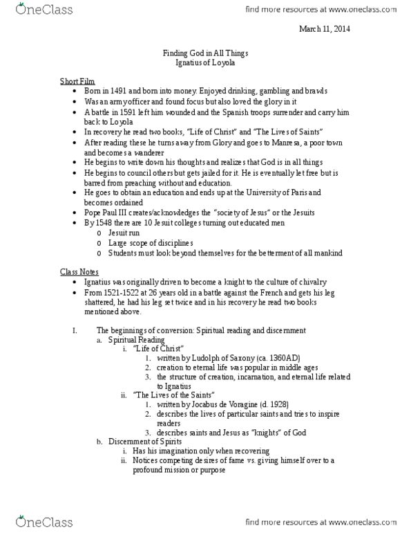 THEO1016 Lecture Notes - Spiritual Exercises Of Ignatius Of Loyola, Rainer Maria Rilke, Middle Ages thumbnail