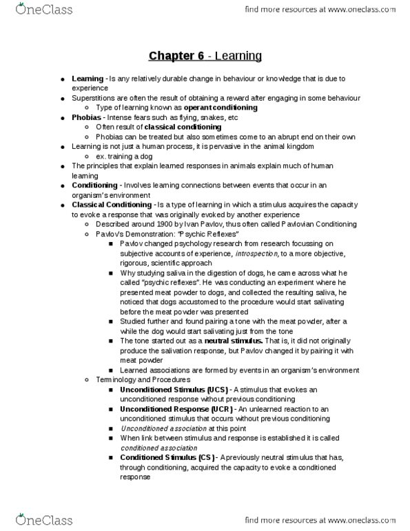 PSYC 1001 Chapter Notes - Chapter 6: Cognitive Map, Observational Learning, Amygdala thumbnail