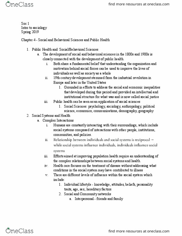 SOC 1 Chapter Notes - Chapter 4: Public Health, Industrial Revolution, Social Forces thumbnail