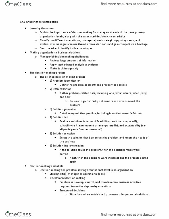 CCT225H5 Chapter Notes - Chapter 9: Decision Support System, Operations Support System, Expert System thumbnail