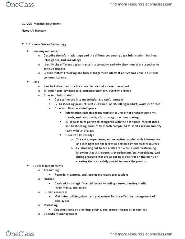 CCT225H5 Chapter Notes - Chapter 1: Business Intelligence, Systems Theory, Operations Management thumbnail