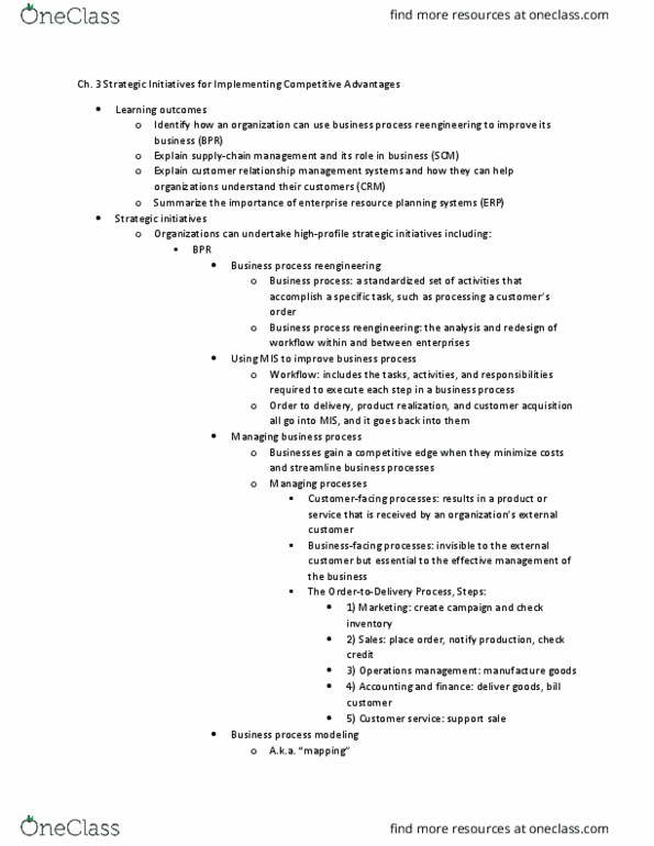 CCT225H5 Chapter Notes - Chapter 3: Business Process Reengineering, Business Process Modeling, Enterprise Resource Planning thumbnail