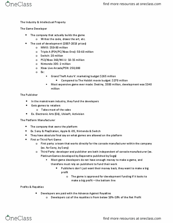 CCT311H5 Lecture Notes - Lecture 5: Grand Theft Auto V, Video Game Console, Platinumgames thumbnail