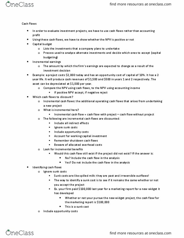 CCT321H5 Lecture Notes - Lecture 8: Operating Cash Flow, Sunk Costs, Cash Flow thumbnail