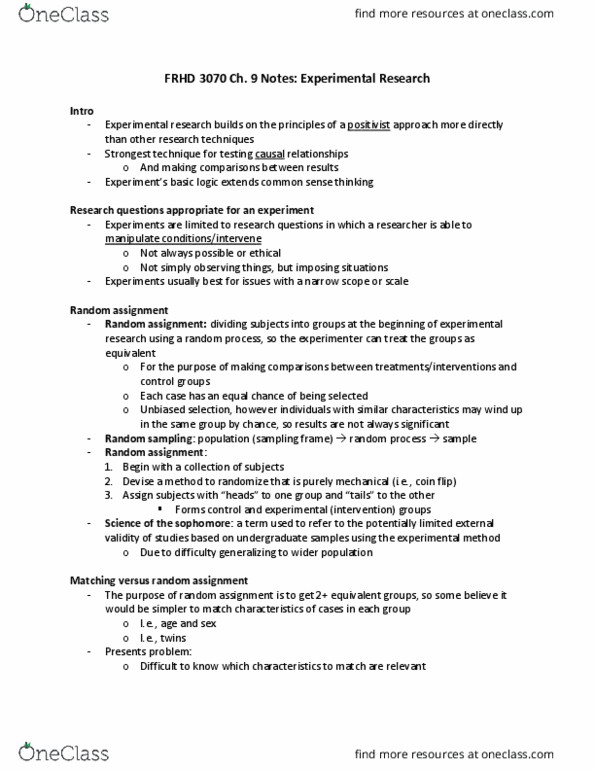 FRHD 3070 Chapter Notes - Chapter 9: Dependent And Independent Variables, Interrupted Time Series, Field Experiment thumbnail