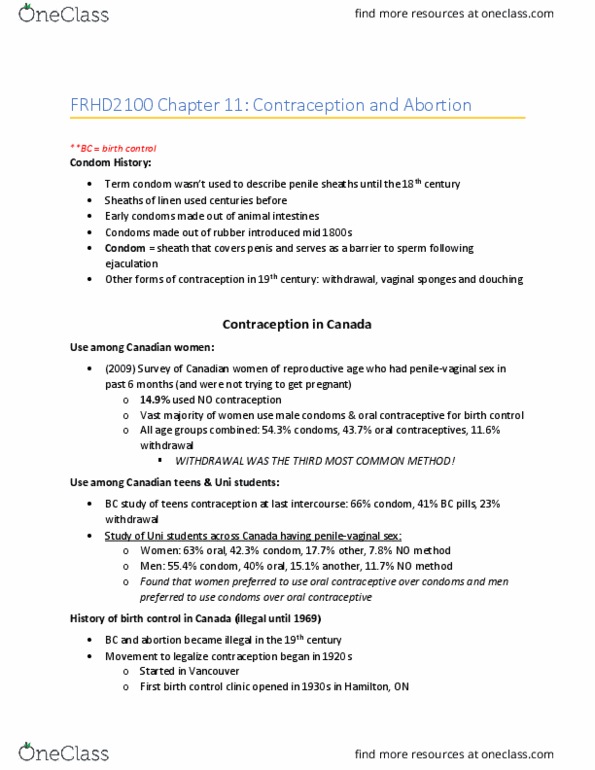 FRHD 2100 Chapter Notes - Chapter 11: Combined Oral Contraceptive Pill, Medical Abortion, Hamilton, Ontario thumbnail