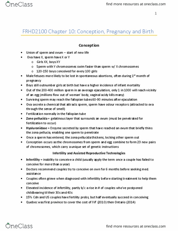 FRHD 2100 Chapter Notes - Chapter 10: Blood Test, Breast Pain, Infertility thumbnail