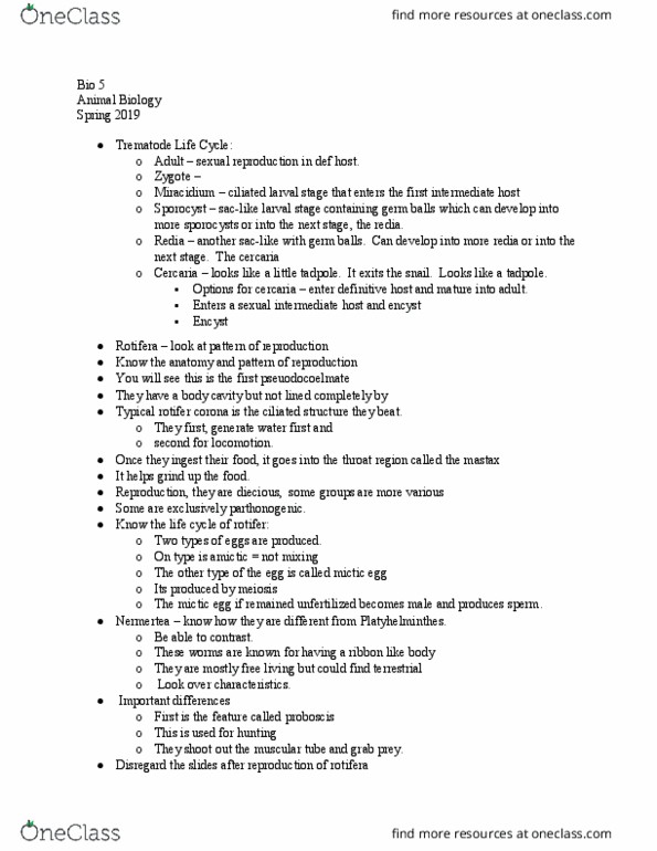 BIO 5 Lecture Notes - Lecture 7: Trematode Life Cycle Stages, Plant Reproductive Morphology, Rotifer thumbnail