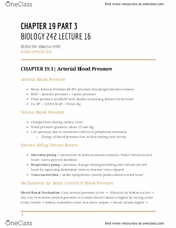 BIOL-242 Lecture Notes - Lecture 16: Mean Arterial Pressure, Pulse Pressure, Blood Vessel thumbnail
