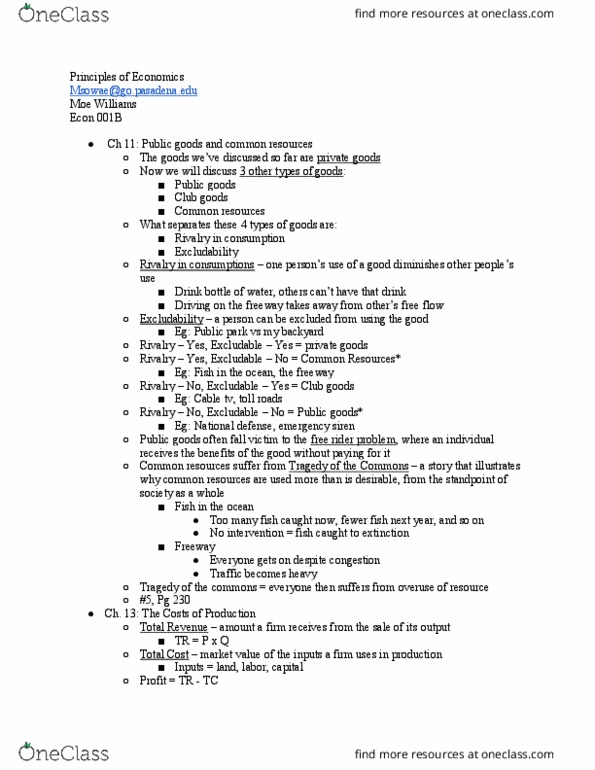 ECON 001B Chapter Notes - Chapter 11: Free Rider Problem, Moe Williams, Excludability thumbnail