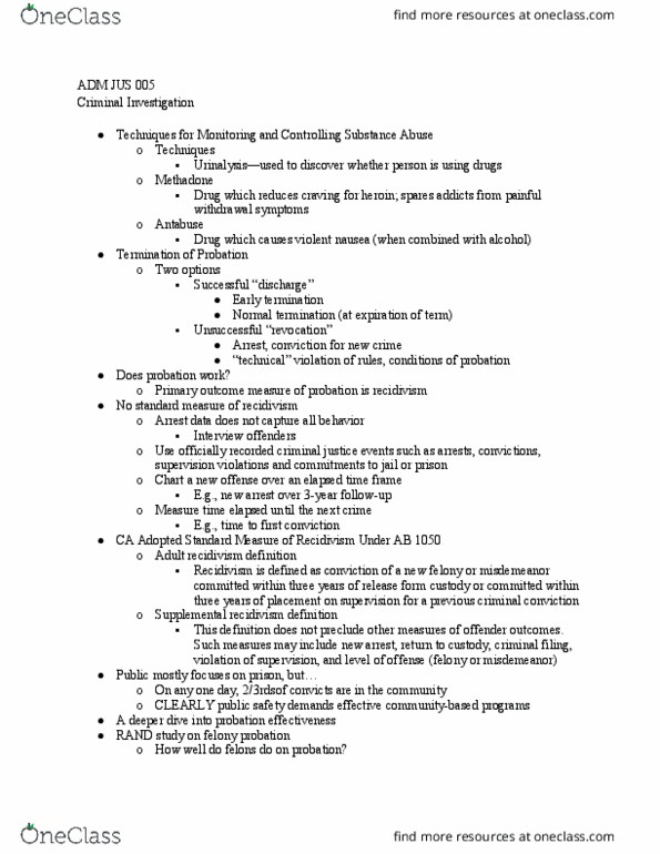 ADM JUS 5 Lecture Notes - Lecture 9: Disulfiram, Misdemeanor, Methadone thumbnail