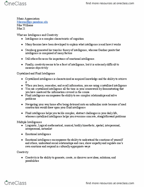 MUSC 021 Lecture Notes - Lecture 3: Fluid And Crystallized Intelligence, Moe Williams, Theory Of Multiple Intelligences thumbnail