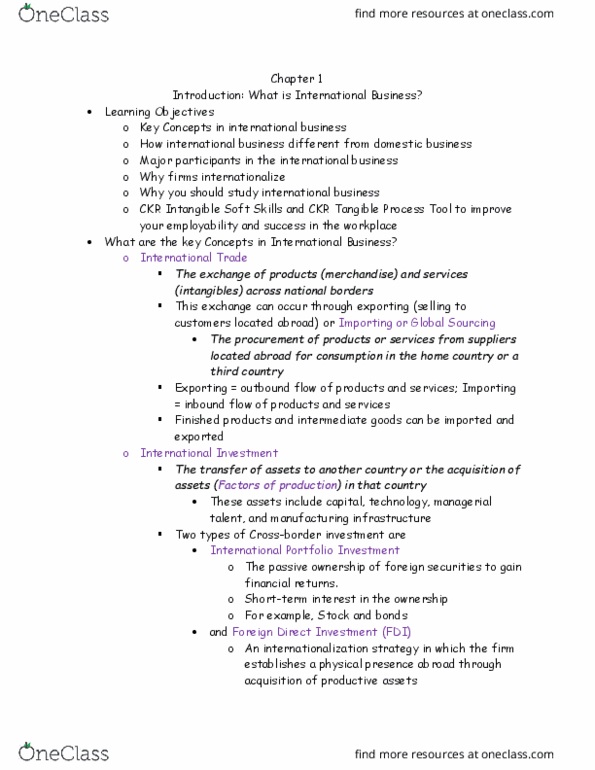 BUSA 3000 Chapter Notes - Chapter 1: Foreign Direct Investment, Global Sourcing, China Construction Bank thumbnail