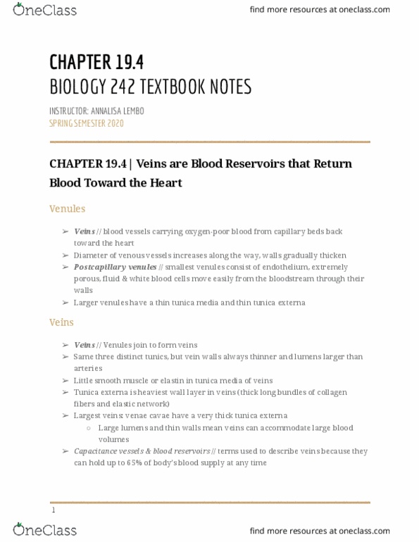 BIOL-242 Chapter Notes - Chapter 19: Heart Valve, Tunica Media, Tunica Intima thumbnail