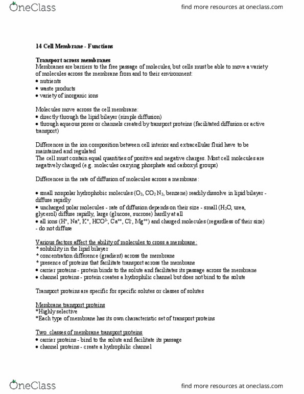 BIOL 3113 Lecture Notes - Lecture 14: Membrane Transport Protein, Lipid Bilayer, Facilitated Diffusion thumbnail