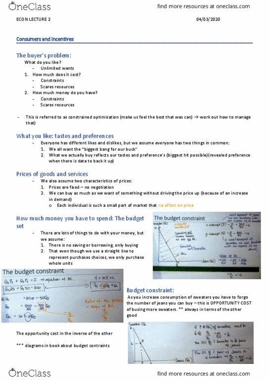 ECON1101 Lecture Notes - Lecture 2: Budget Constraint, Revealed Preference, Opportunity Cost thumbnail