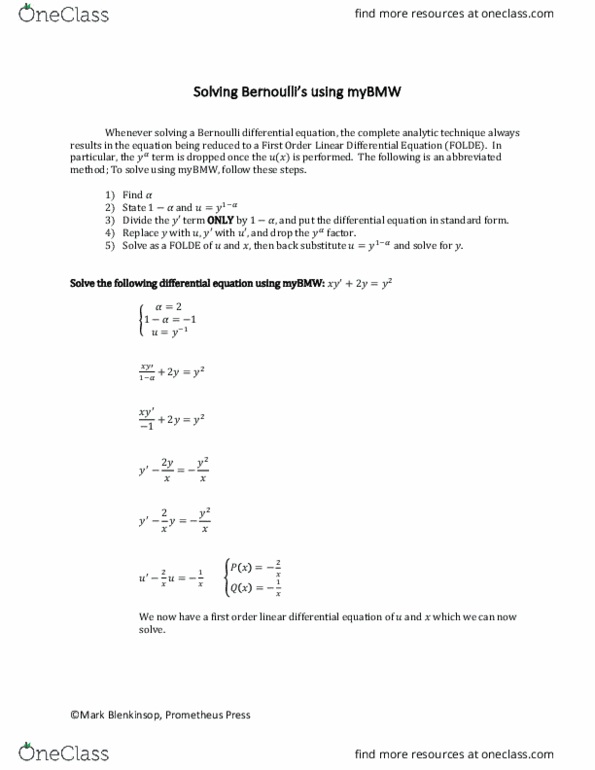 MATH 1005 Lecture Notes - Lecture 1: Bernoulli Differential Equation, Integrating Factor thumbnail