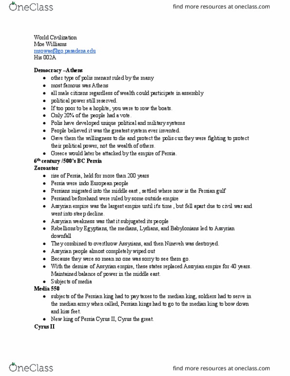 HIST 002A Lecture Notes - Lecture 10: Persian Gulf, Cyrus The Great, Assyrian People thumbnail