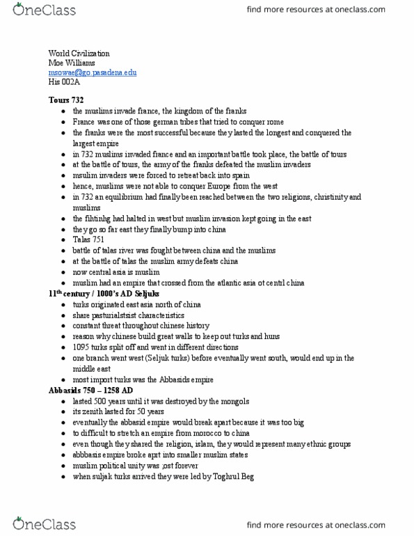 HIST 002A Chapter Notes - Chapter 5: Tughril, Abbasid Caliphate, Talas River thumbnail