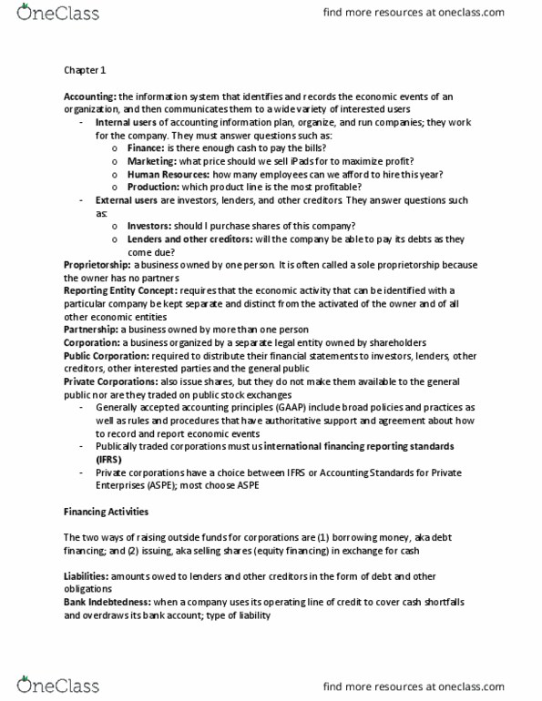 ACCT 1220 Lecture Notes - Lecture 1: Standard Accounting Practice, Legal Personality, Sole Proprietorship thumbnail