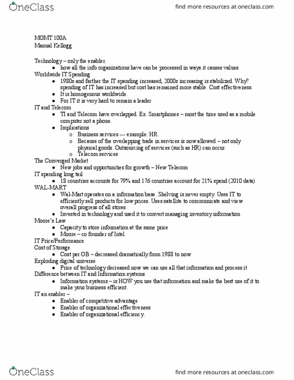 Management A100 Chapter Notes - Chapter 1: Mobile Computing, Walmart, Information System thumbnail