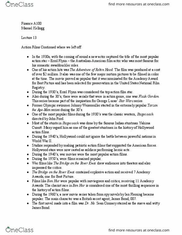 Film & Television A100 Lecture Notes - Lecture 13: National Film Registry, Johnny Weissmuller, Sean Connery thumbnail