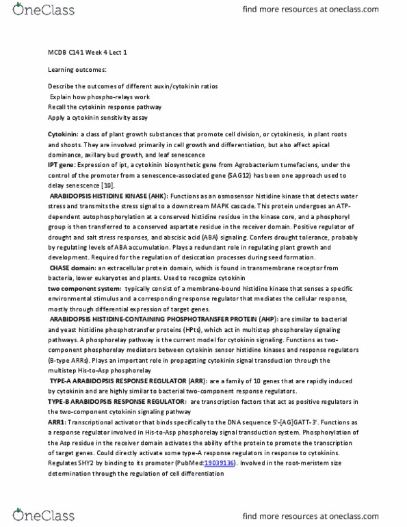 MCD BIO C141 Lecture Notes - Lecture 7: Histidine Kinase, Agrobacterium Tumefaciens, Cytokinin thumbnail