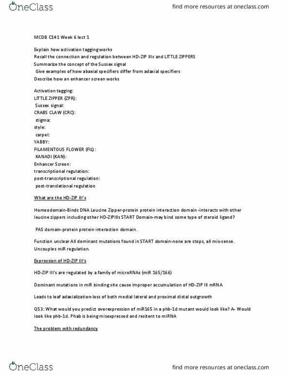 MCD BIO C141 Lecture Notes - Lecture 10: Leucine Zipper, Dna-Binding Domain, Zipper thumbnail