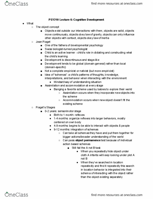 PSY210H1 Lecture Notes - Lecture 6: Object Permanence, Developmental Psychology, Dishabituation thumbnail