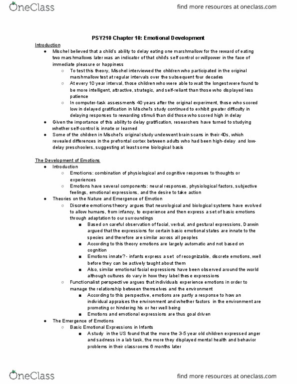 PSY210H1 Chapter Notes - Chapter 10: Prefrontal Cortex, Active Child, Amygdala thumbnail