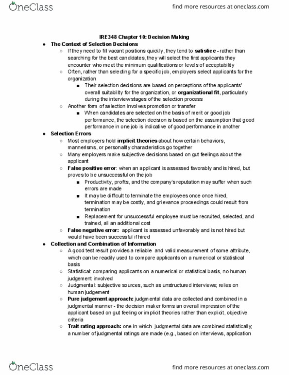 IRE348H1 Chapter Notes - Chapter 10: Satisficing, Job Performance, Criterion Validity thumbnail